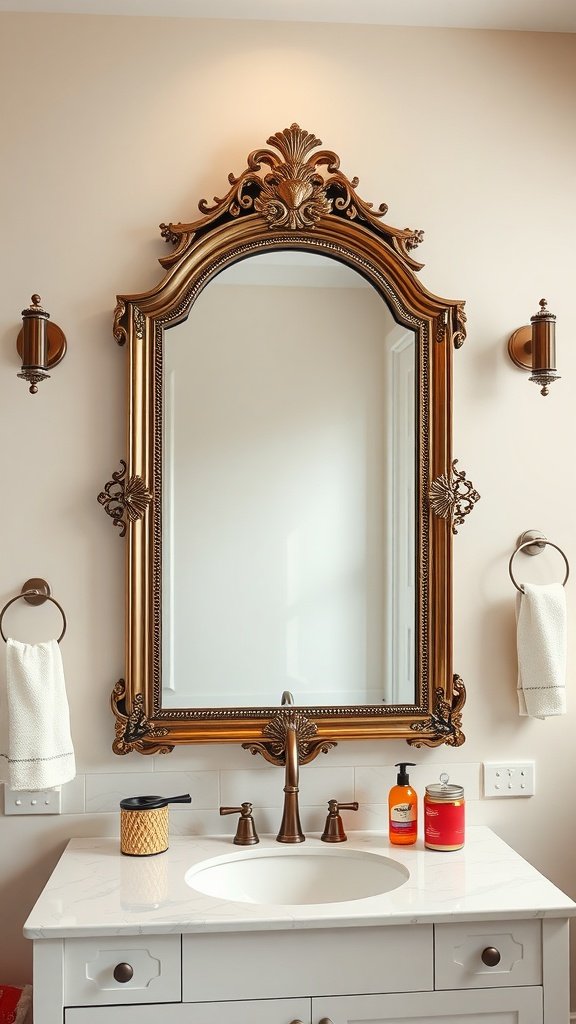 A beautifully ornate mirror above a modern bathroom sink, enhancing the room's elegance.