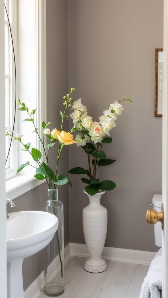 A stylish guest bathroom featuring fresh flowers and plants.