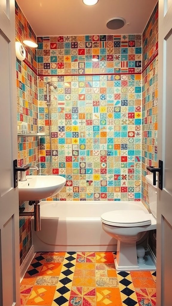 A colorful tiled bathroom featuring a variety of bold patterns on the walls and floor.
