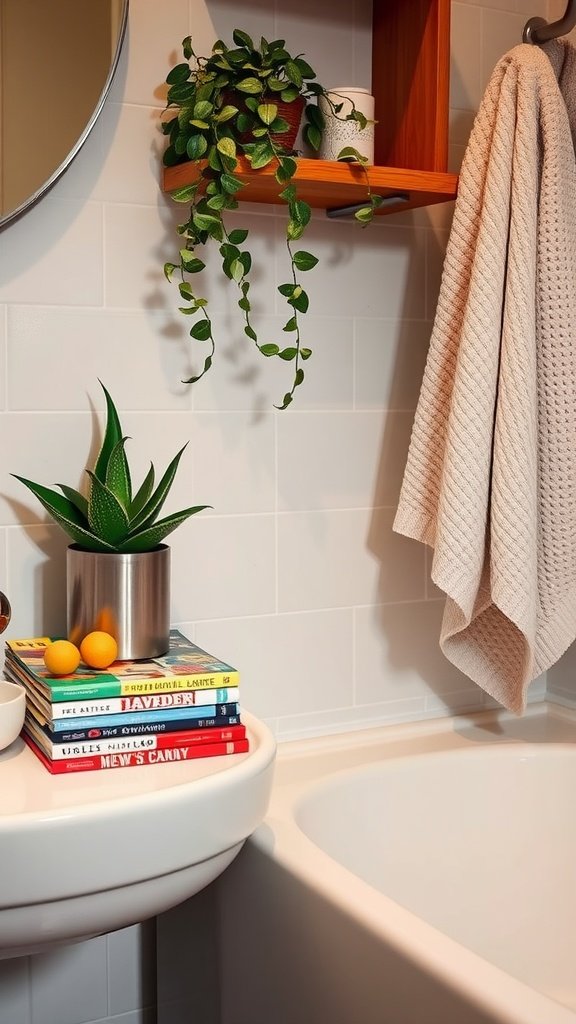 A stack of colorful magazines on a bathroom counter next to a plant.