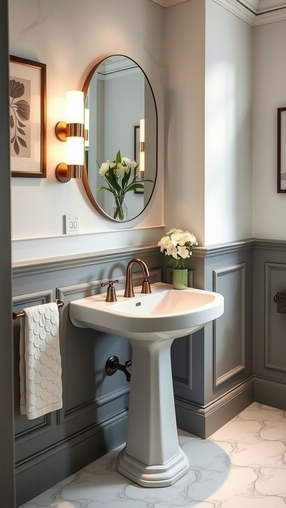 A chic half bathroom featuring a stylish pedestal sink with neutral tones and natural light.