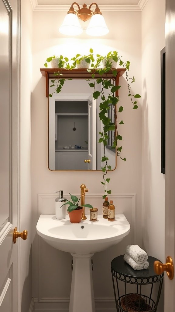 Half bathroom with small plants and hanging vines.