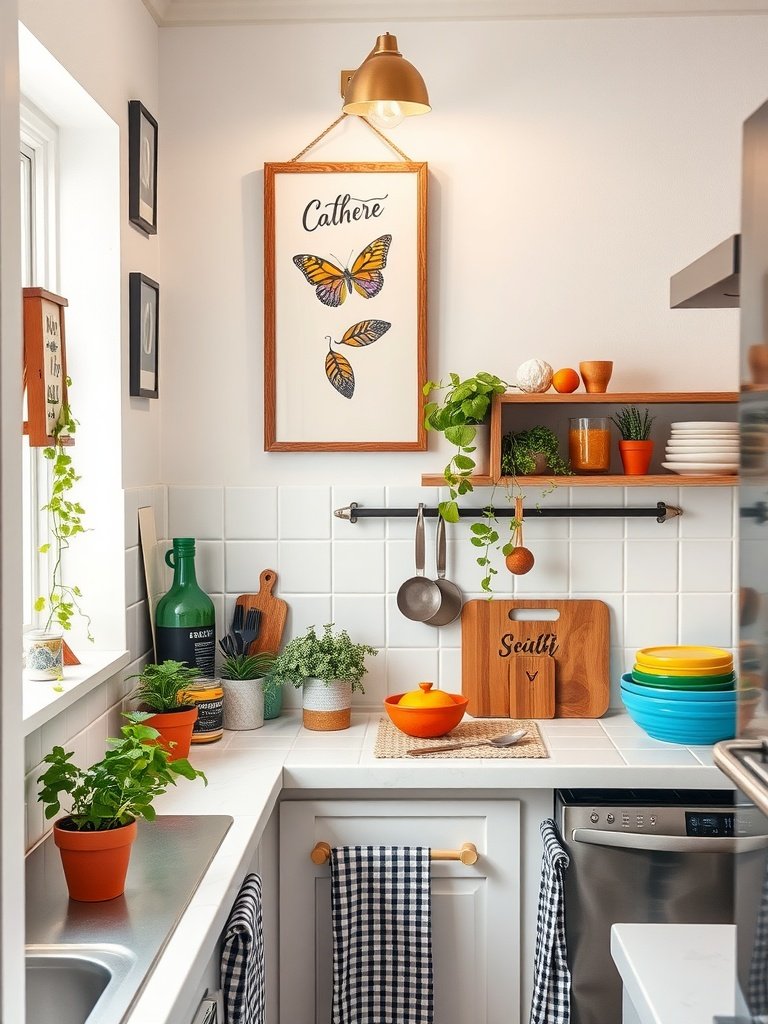 A small, stylish kitchen decorated with plants, art, and colorful dishware.