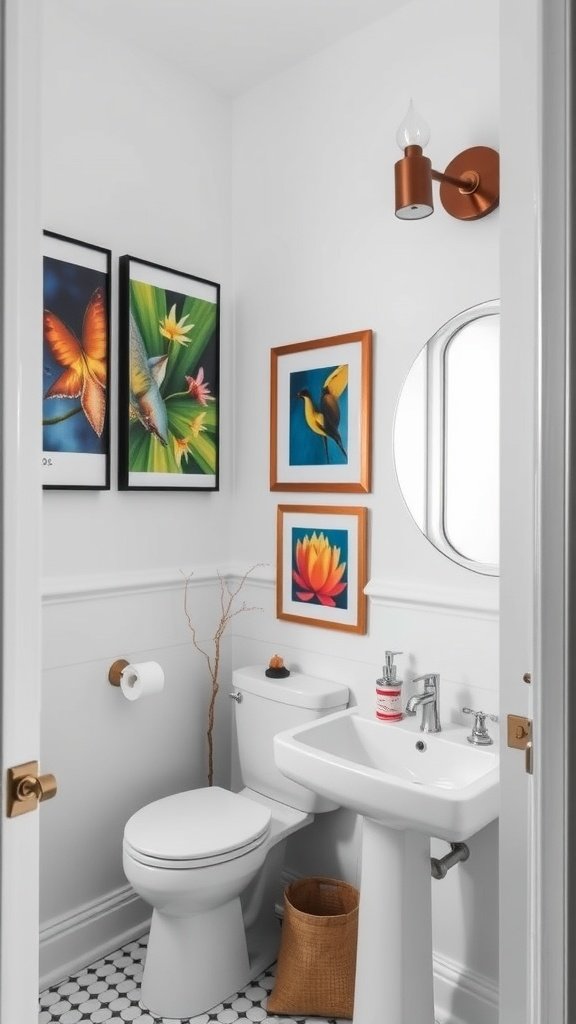 A chic half bathroom featuring colorful art prints of butterflies and flowers on the wall.