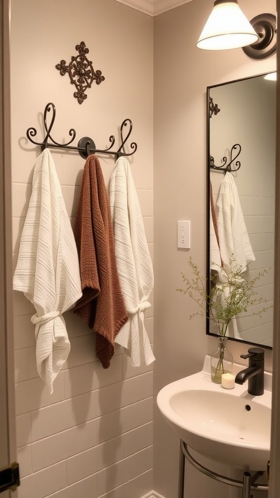 A cozy bathroom with wall hooks displaying towels and robes.