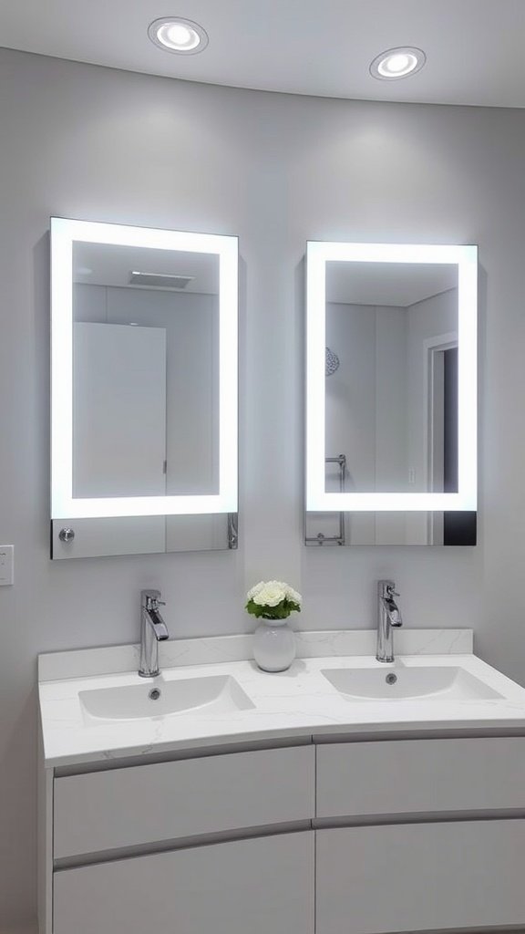 Modern bathroom with backlit mirrors and sleek design.