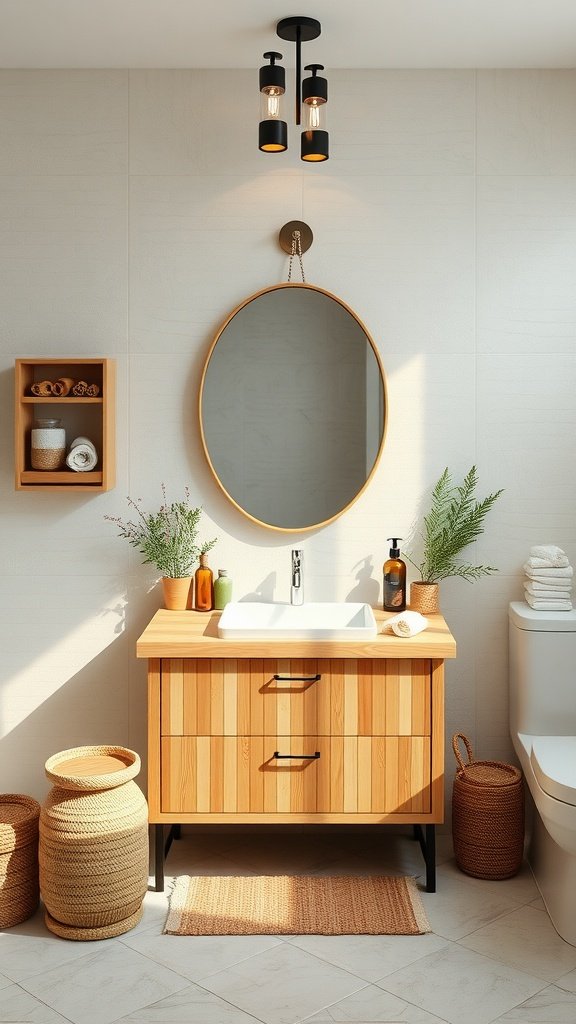 Stylish bathroom with a bamboo vanity, natural light, and decorative elements.