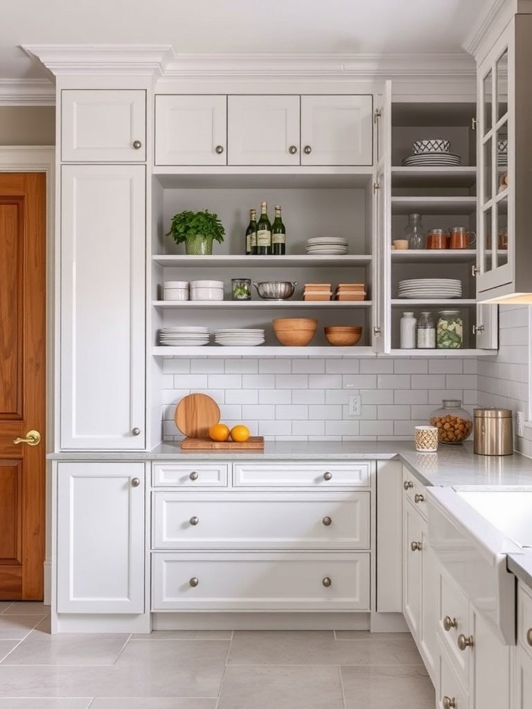 Stylish kitchen pantry cabinets with open shelves and ample storage.