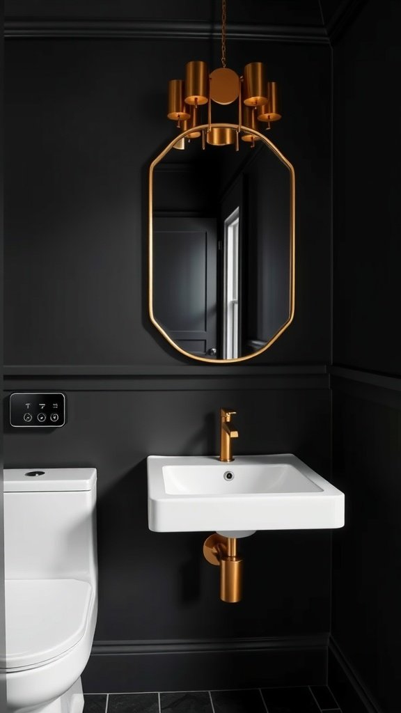 Black powder room with gold light fixture and modern sink.