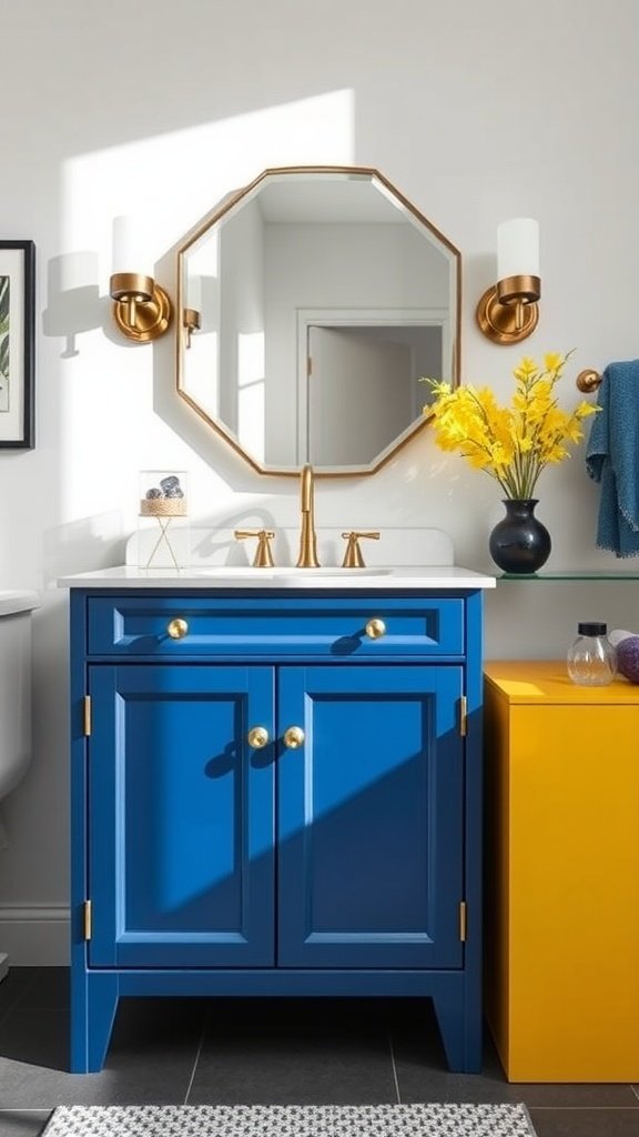 A vibrant blue bathroom vanity with gold accents and a bright yellow cabinet.