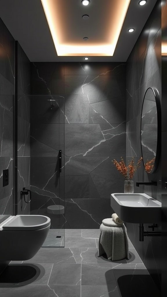A sleek dark grey bathroom featuring a shower, sink, and minimalist decor.