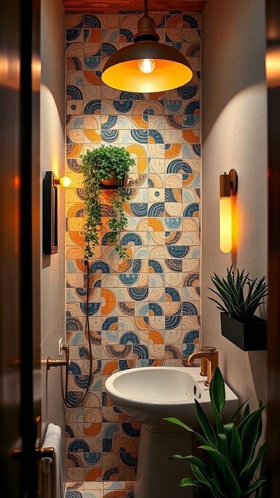 Cozy bathroom with layered lighting featuring a ceiling light, wall sconces, and vibrant tiles.