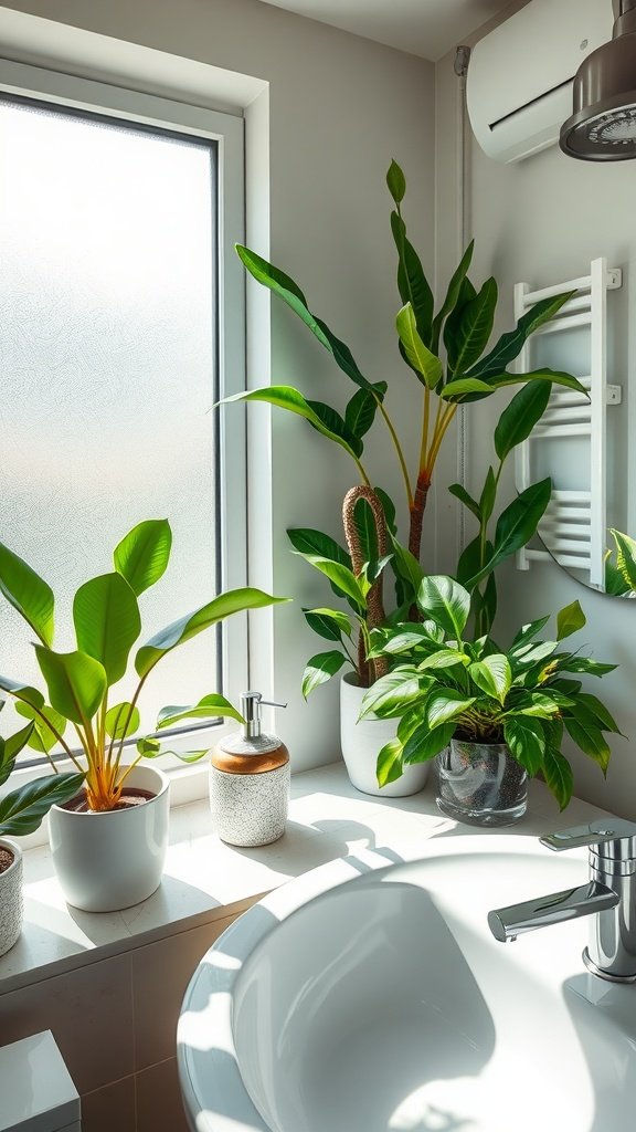 A bright bathroom corner filled with indoor plants in various pots, showcasing greenery by a window.