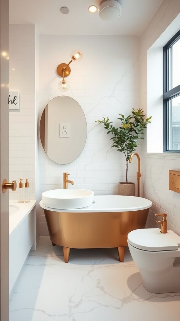 Modern bathroom featuring brushed gold and brass accents.