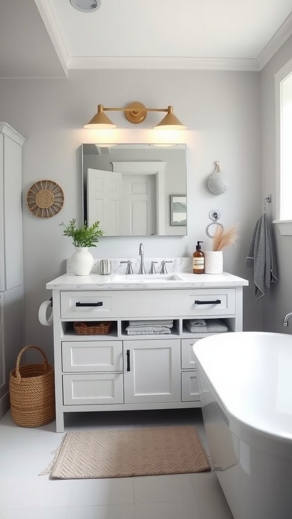 Stylish and modern bathroom vanity with a marble countertop and sleek fixtures.