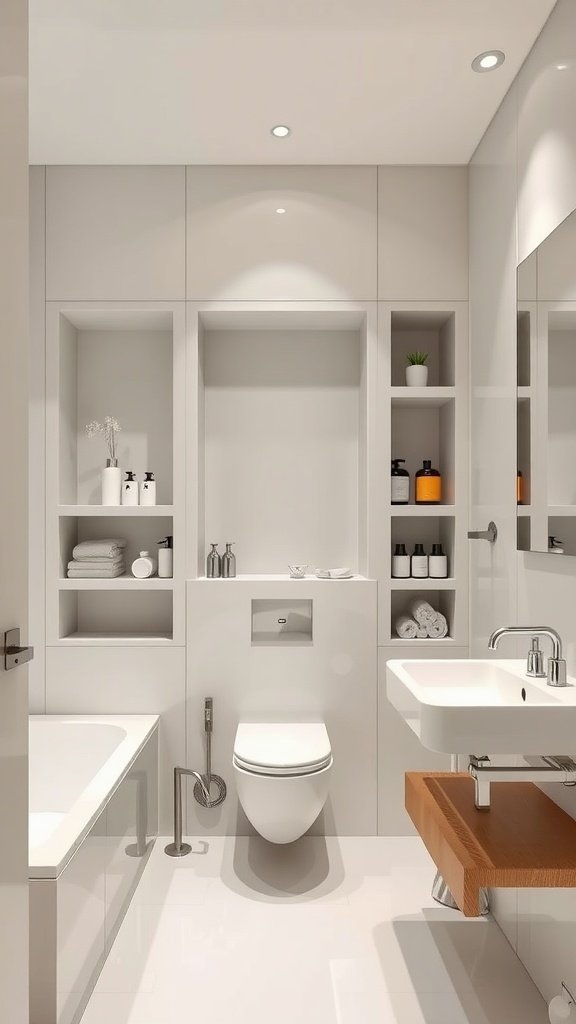 Modern bathroom with built-in niches for storage and a clutter-free look.