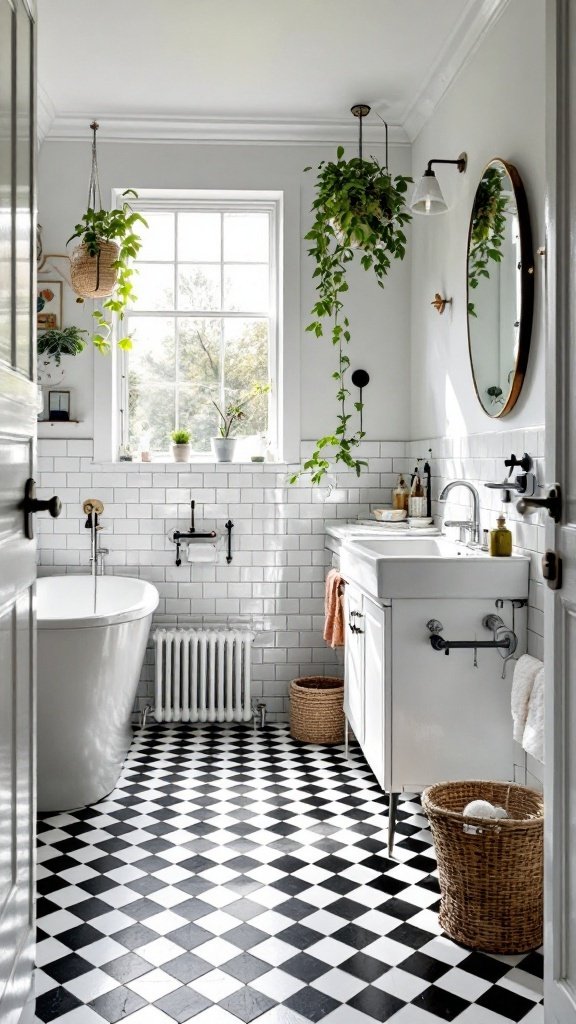 A bathroom featuring checkerboard floor tiles in black and white, with modern fixtures.