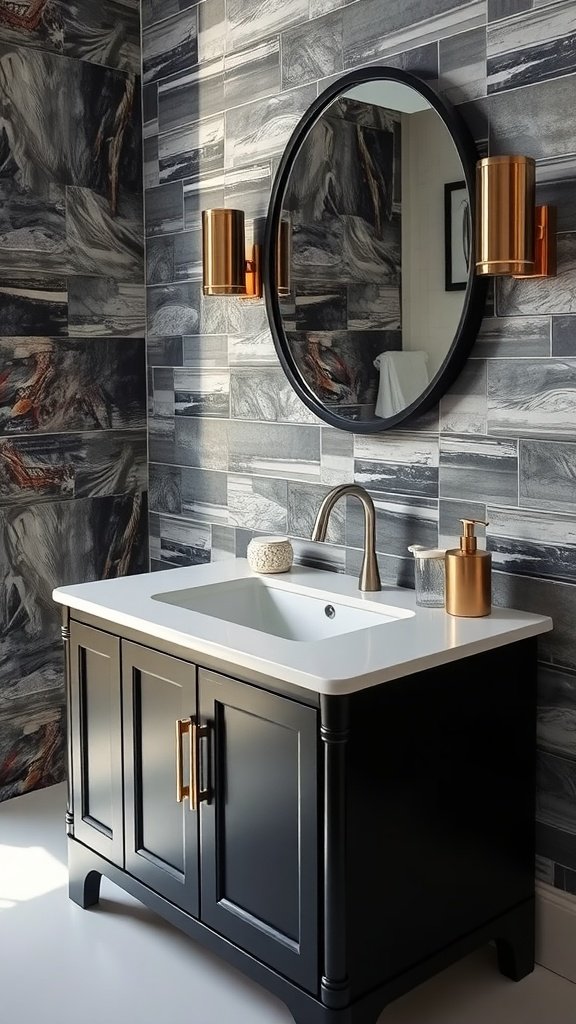 Chic black bathroom vanity with brass hardware and round mirror