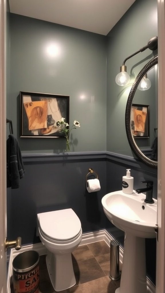 A chic half bathroom featuring bold red and yellow paint colors with modern fixtures.