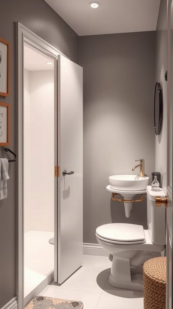 A modern bathroom with a pocket door that slides into the wall