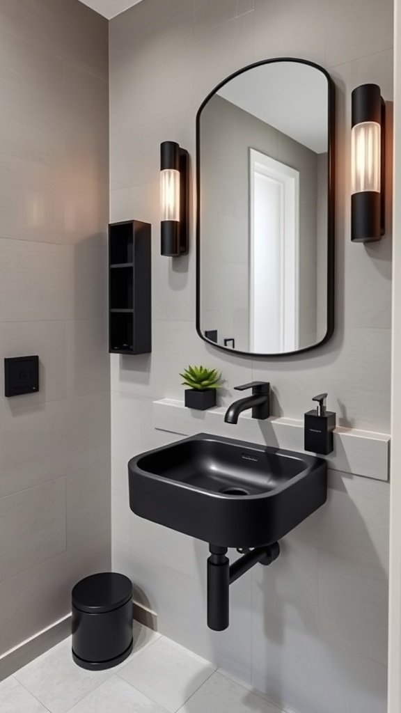 A modern half bathroom featuring matte black fixtures, a sleek mirror, and minimalist decor.