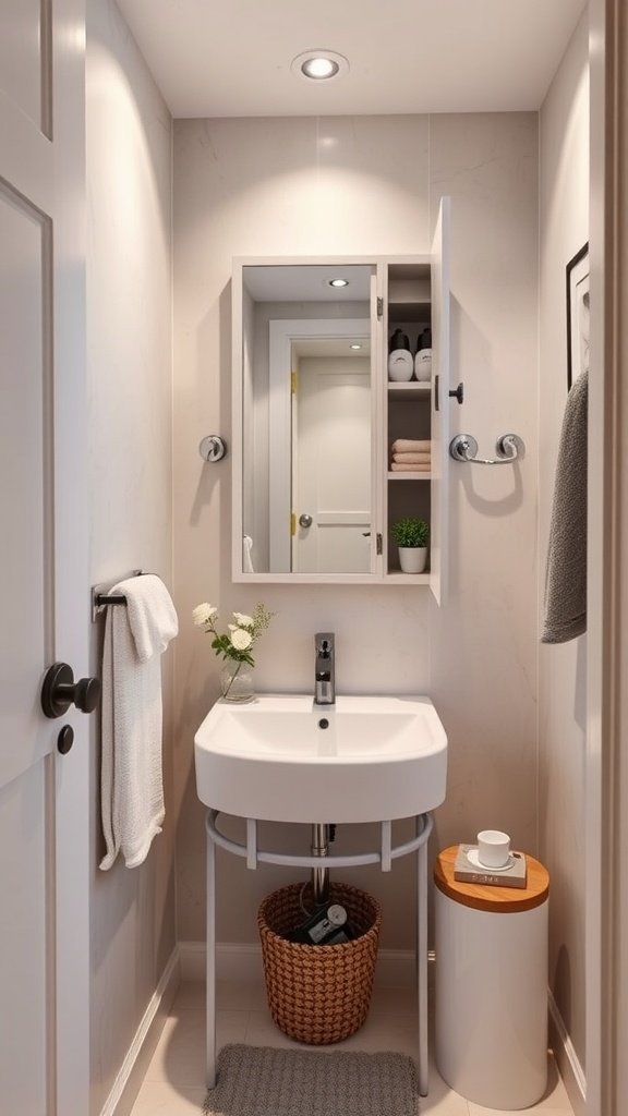 A compact bathroom featuring a multi-functional mirror with storage.