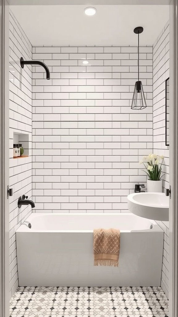 A modern bathroom featuring classic subway tiles with black grout, a white bathtub, and stylish decor.