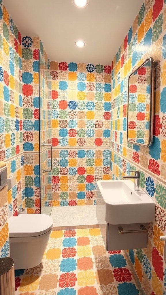 Colorful tiled bathroom with floral patterns on walls and floor