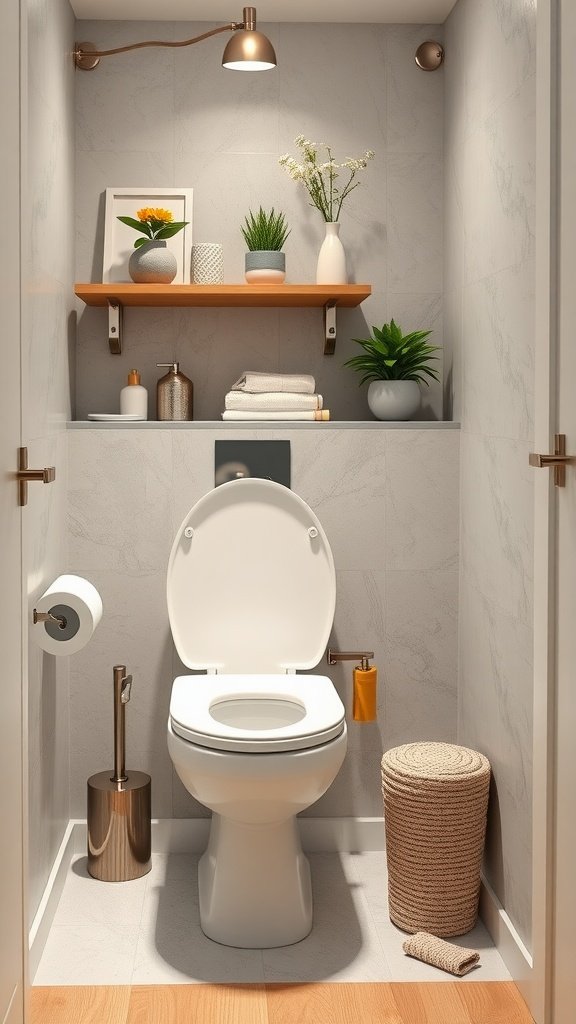 A compact toilet in a stylish small bathroom with decorative wall and shelving.