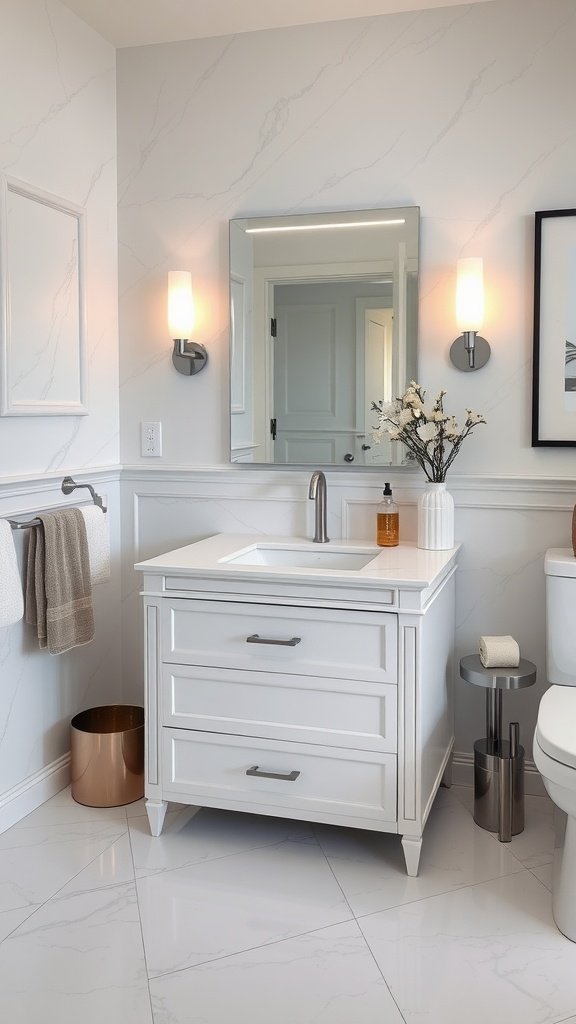 Compact bathroom vanity with hidden drawers and modern decor