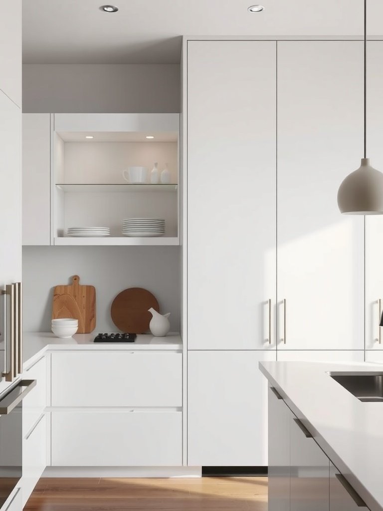 A modern kitchen with sleek cabinets and concealed storage options.