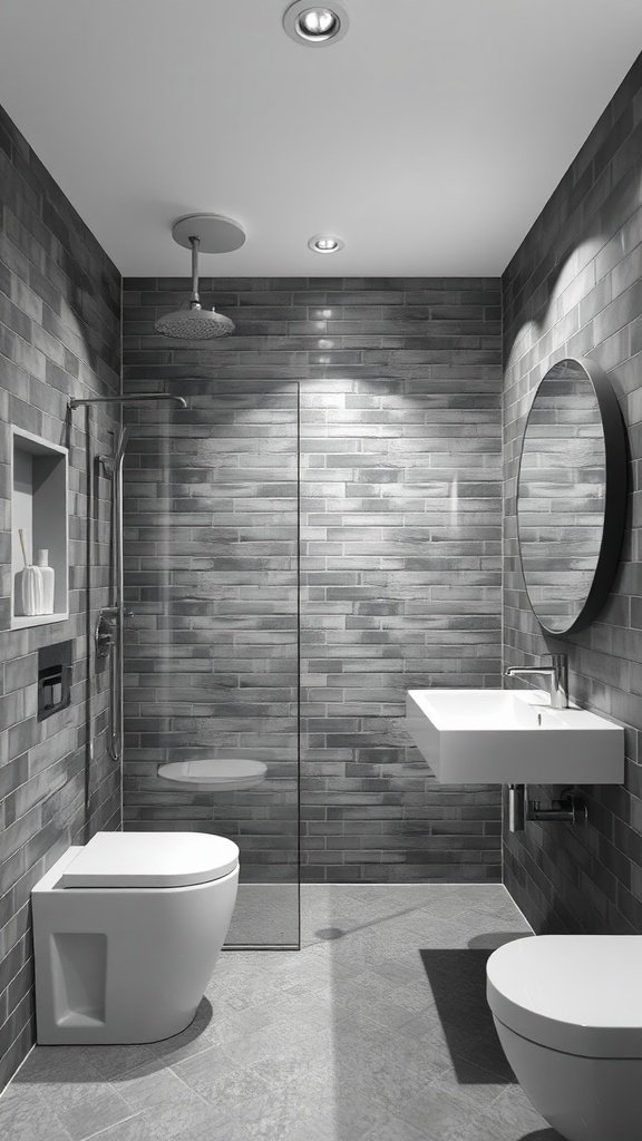 Stylish grey bathroom with glass shower and modern fixtures