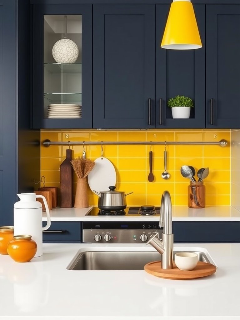 A small kitchen featuring dark blue cabinets and a bright yellow backsplash with modern accents.