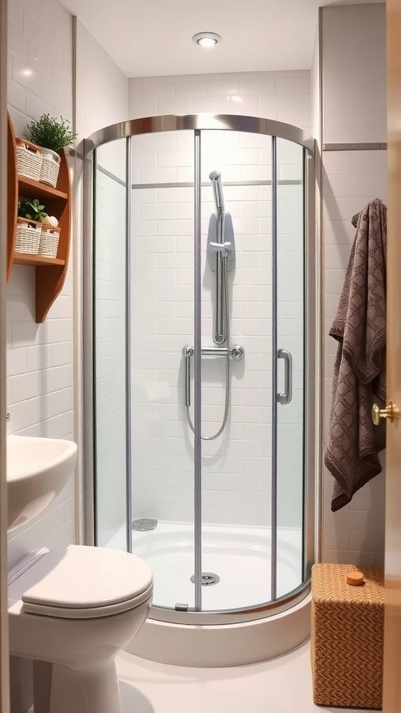 A sleek corner shower unit in a modern bathroom with white tiles.