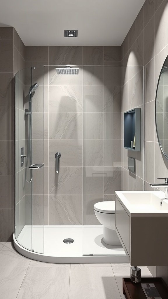 A sleek modern curbless walk-in shower with glass walls and contemporary fixtures