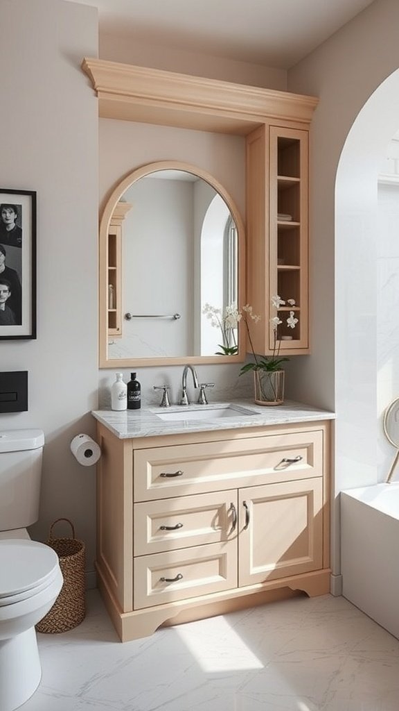 A stylish custom built-in bathroom vanity with a marble top and wooden cabinetry.