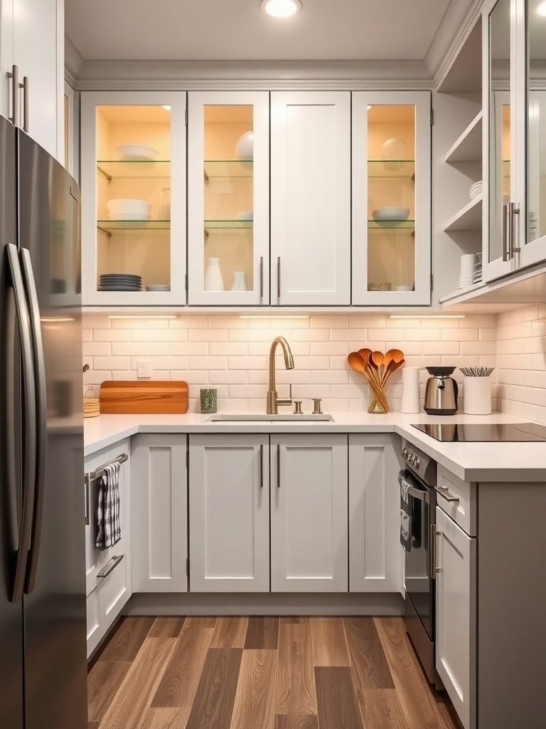 Small kitchen with custom cabinets and open shelves showing dishware.