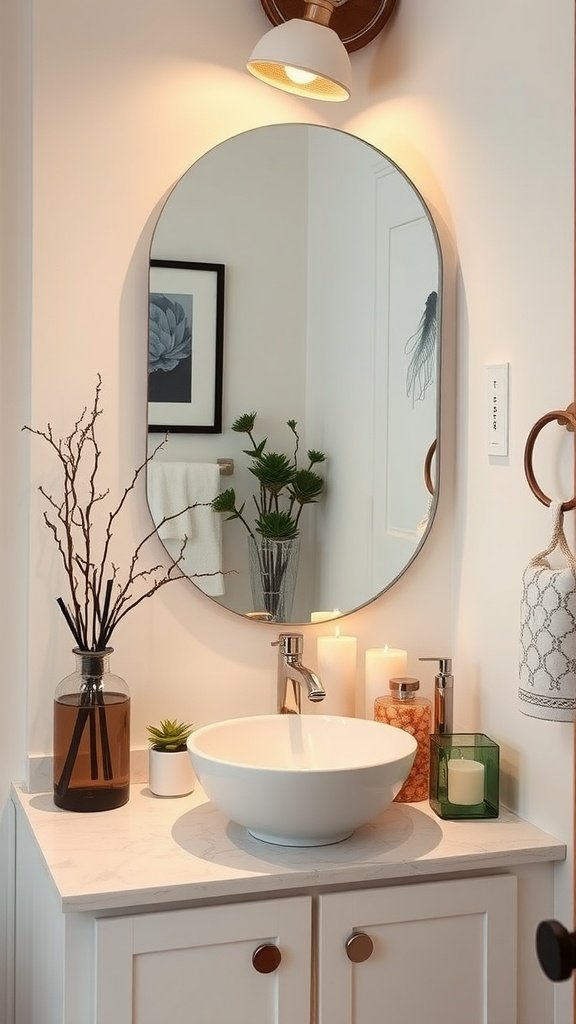 A stylish half bathroom with a round mirror, candles, and decorative plants.
