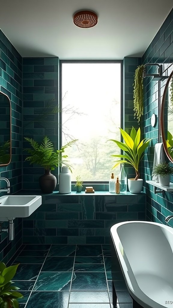 A stylish bathroom featuring deep forest green tiles, a large bathtub, and natural light streaming through a window.