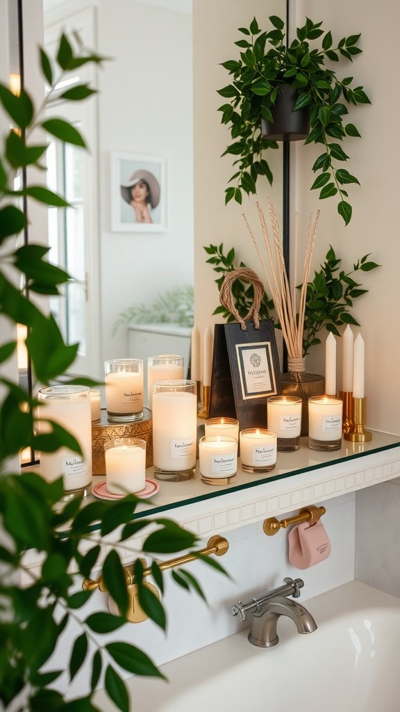 A stylish bathroom setup featuring various candles and diffusers on a countertop.