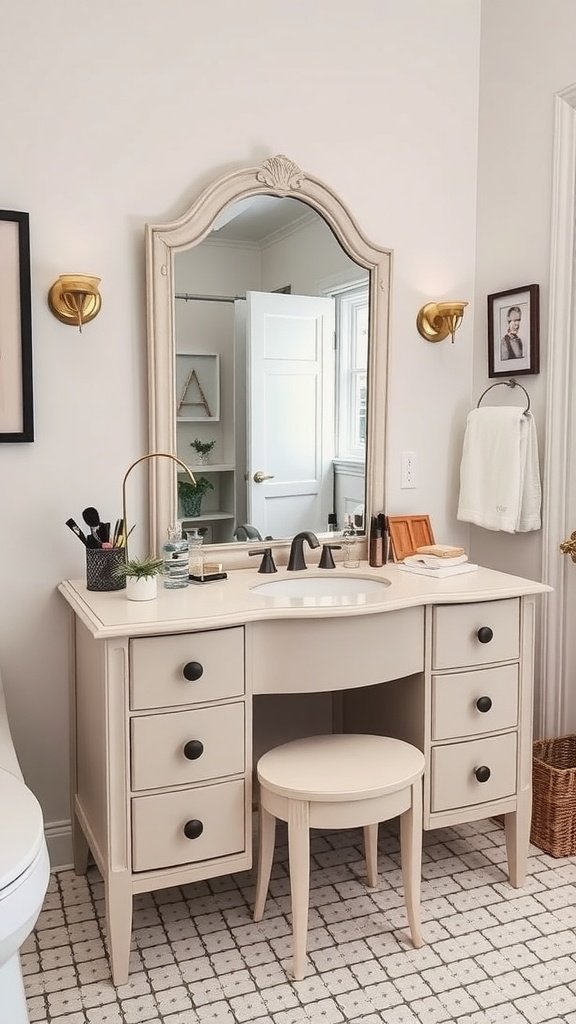 A stylish bathroom vanity made from a repurposed dresser with a round mirror and gold accents.