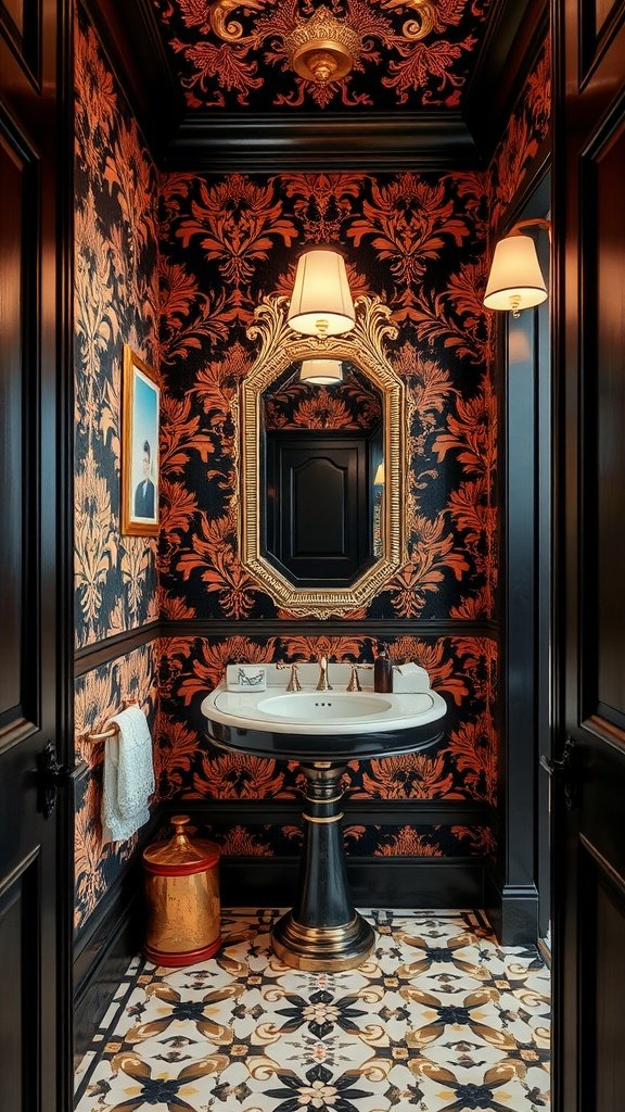 A dramatic powder room with black and orange floral wallpaper, ornate mirror, and elegant fixtures.