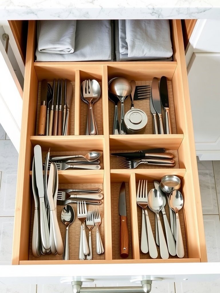 A neatly organized kitchen drawer with wooden dividers separating various utensils.