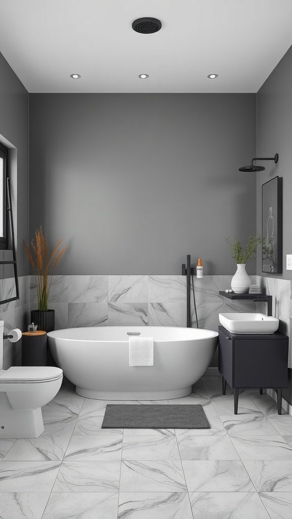A modern grey bathroom featuring a freestanding bathtub, grey walls, and white fixtures.