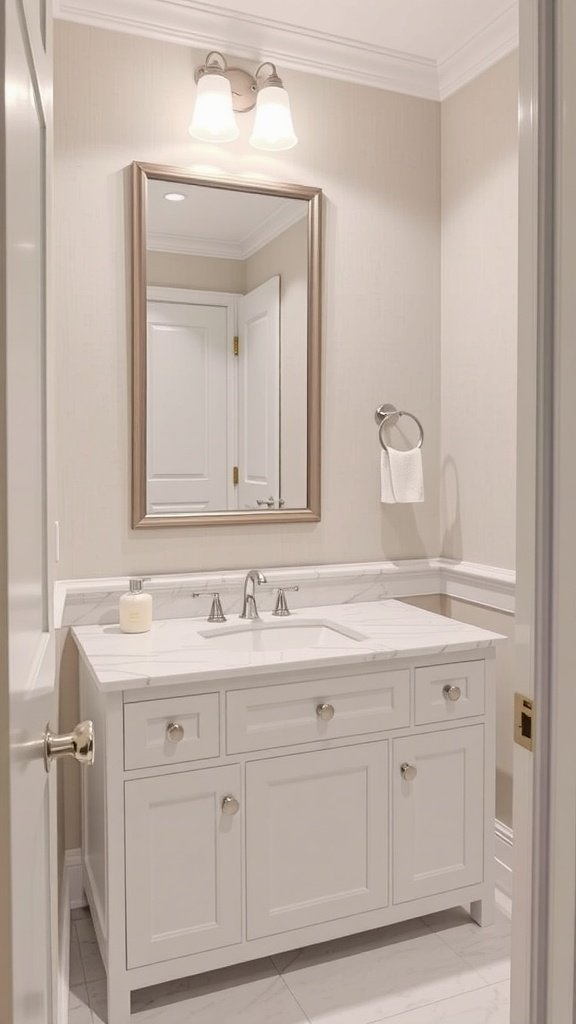 A stylish powder room featuring a round mirror, modern light fixtures, and a white marble countertop.