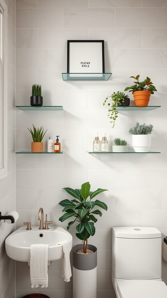 A stylish bathroom featuring floating glass shelves with plants and decorative items.