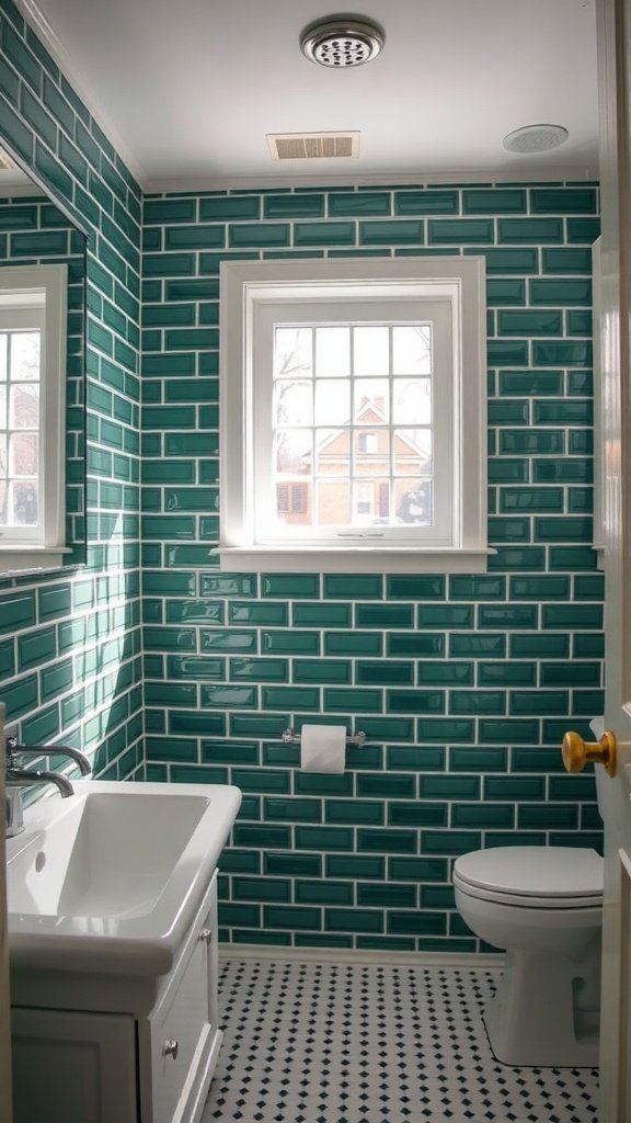 A bathroom featuring emerald green subway tiles on the walls, a white sink, a toilet, and a window.