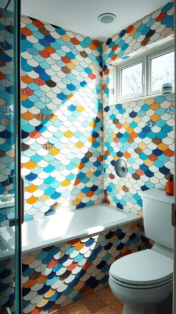 Colorful fish scale tiles in a modern bathroom