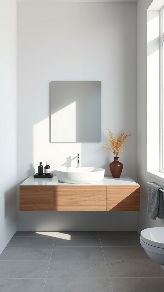 Modern bathroom featuring a floating vanity and natural light.