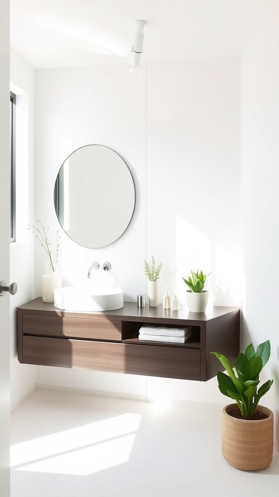 A small modern bathroom featuring a floating vanity, natural light from windows, and minimal decor.
